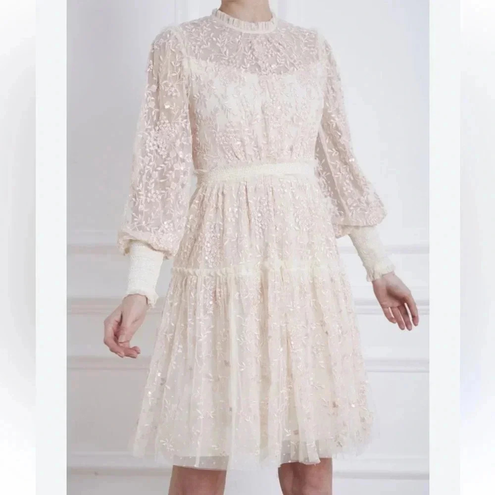 Needle & Thread Ivory Embroidered Long Sleeve Midi Dress